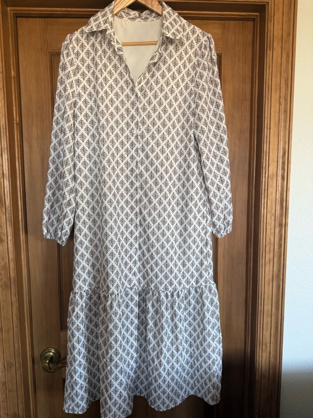 White and Beige Printed Long Sleeve Tunic Dress